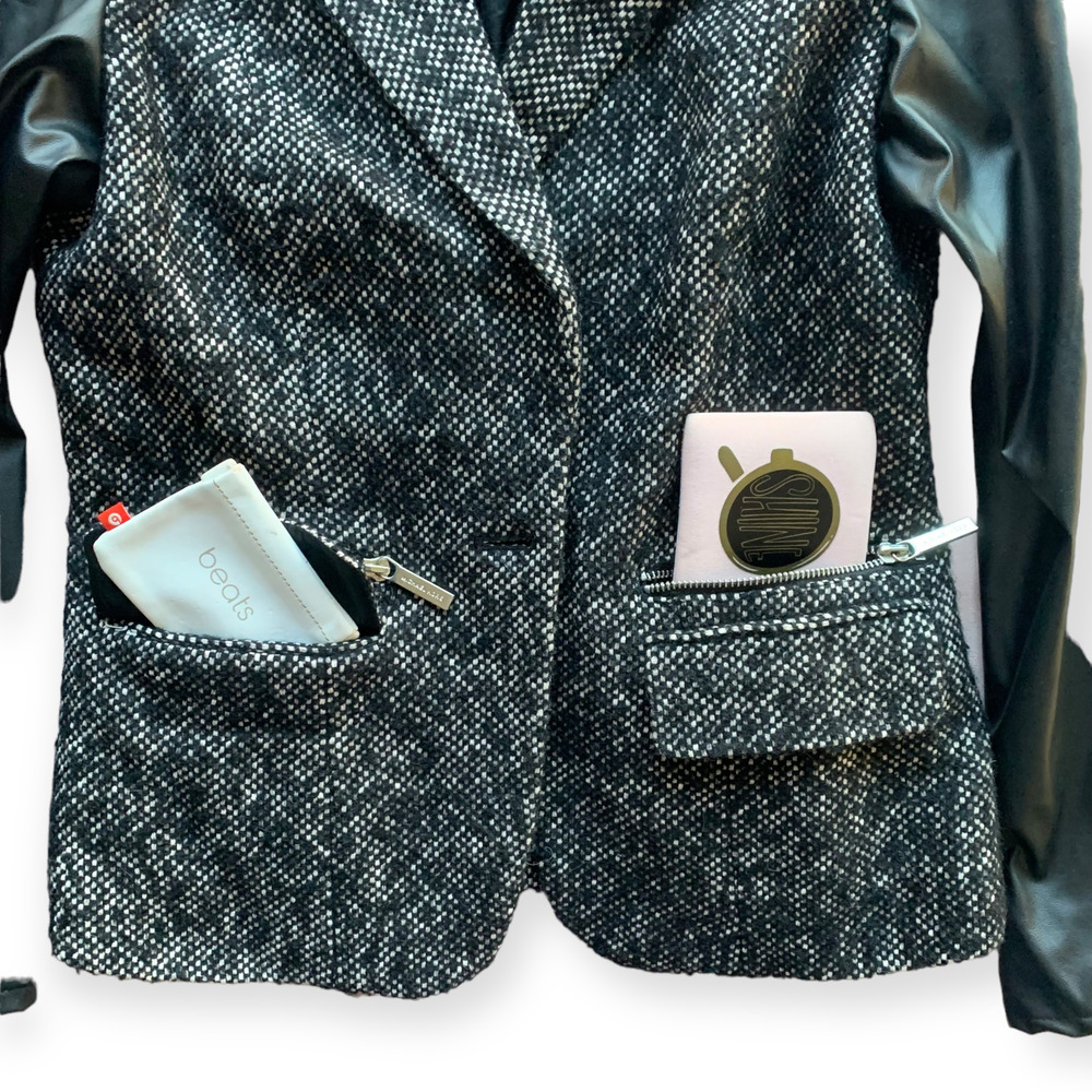 MICHAEL KORS Leather Wool Blend Tweed Sport Coat Jacket Blazer Black Fall Size 4 - Picture 7 of 11